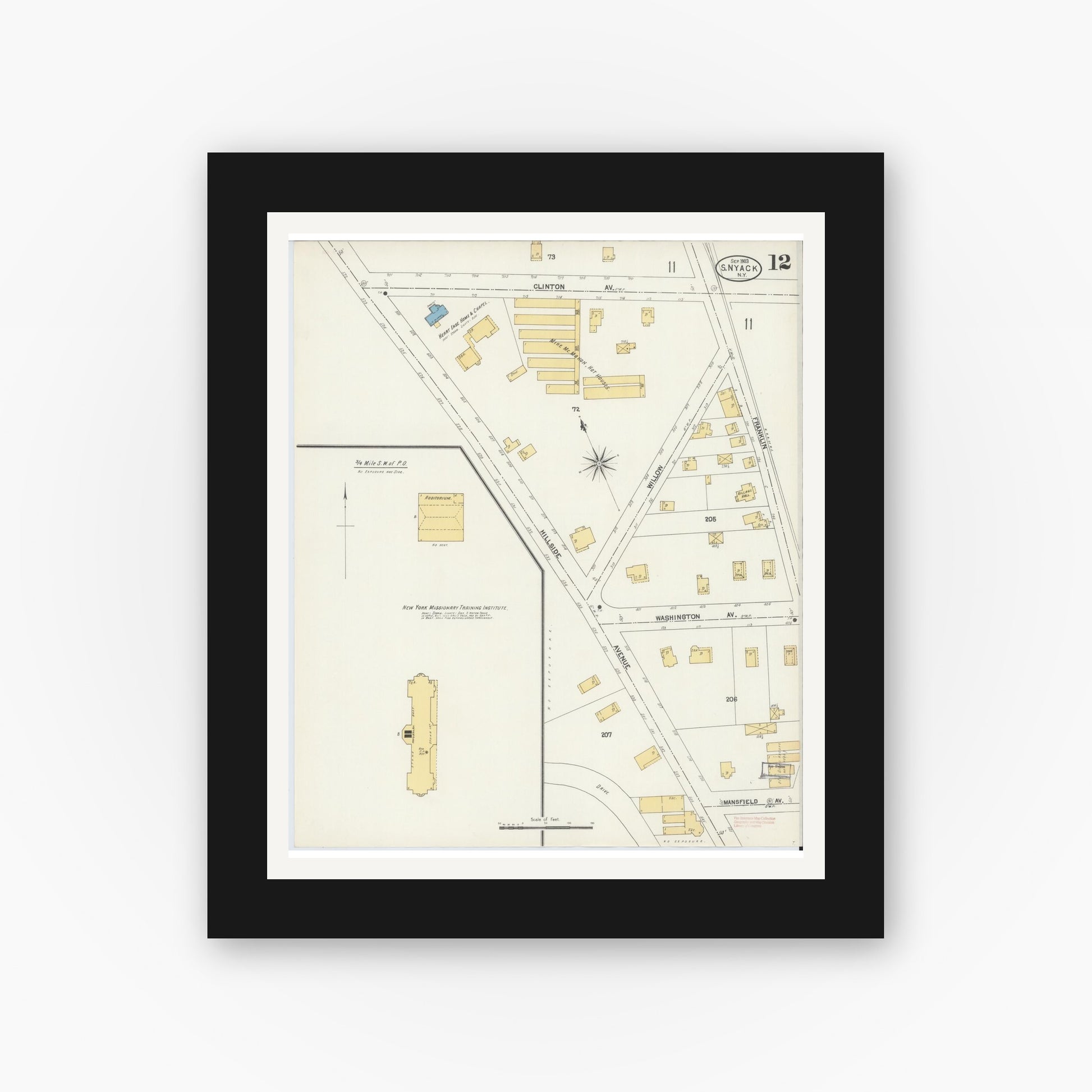 Old map wall art mockup — black gallery frame with white mat — Sanborn Fire Insurance Map from Nyack, Rockland County, New York. (1903), Sheet #0012