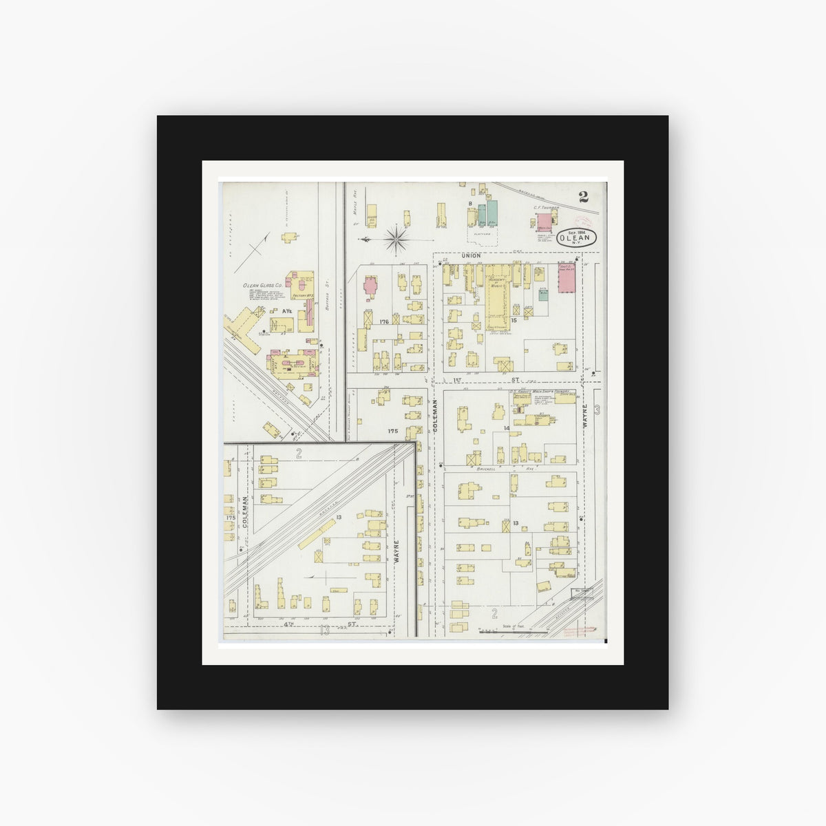 Old map wall art mockup — black gallery frame with white mat — Sanborn Fire Insurance Map from Olean, Cattaraugus County, New York (1894) - Complete Map Set