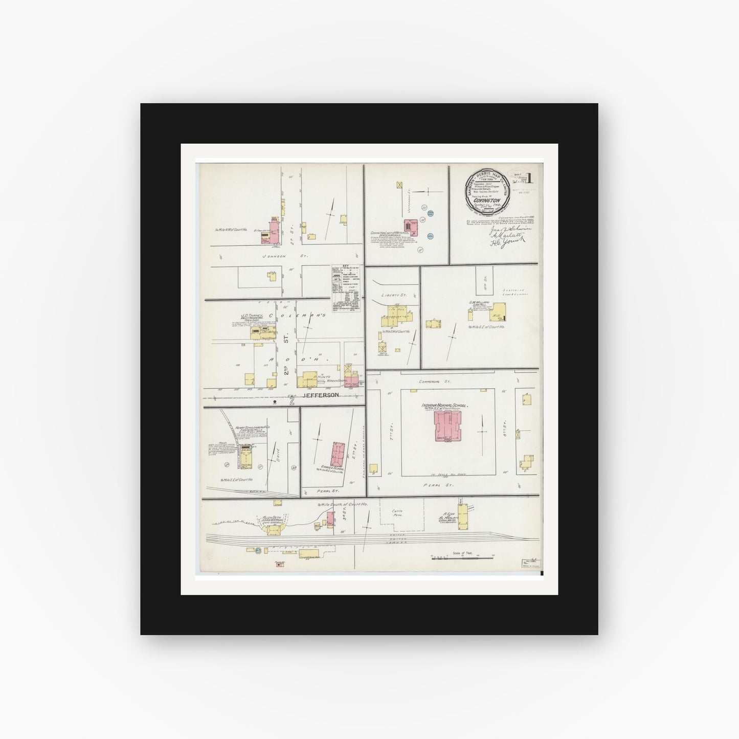 Old map wall art mockup — black gallery frame with white mat — Sanborn Fire Insurance Map from Covington, Fountain County, Indiana (1892) - Complete Map Set