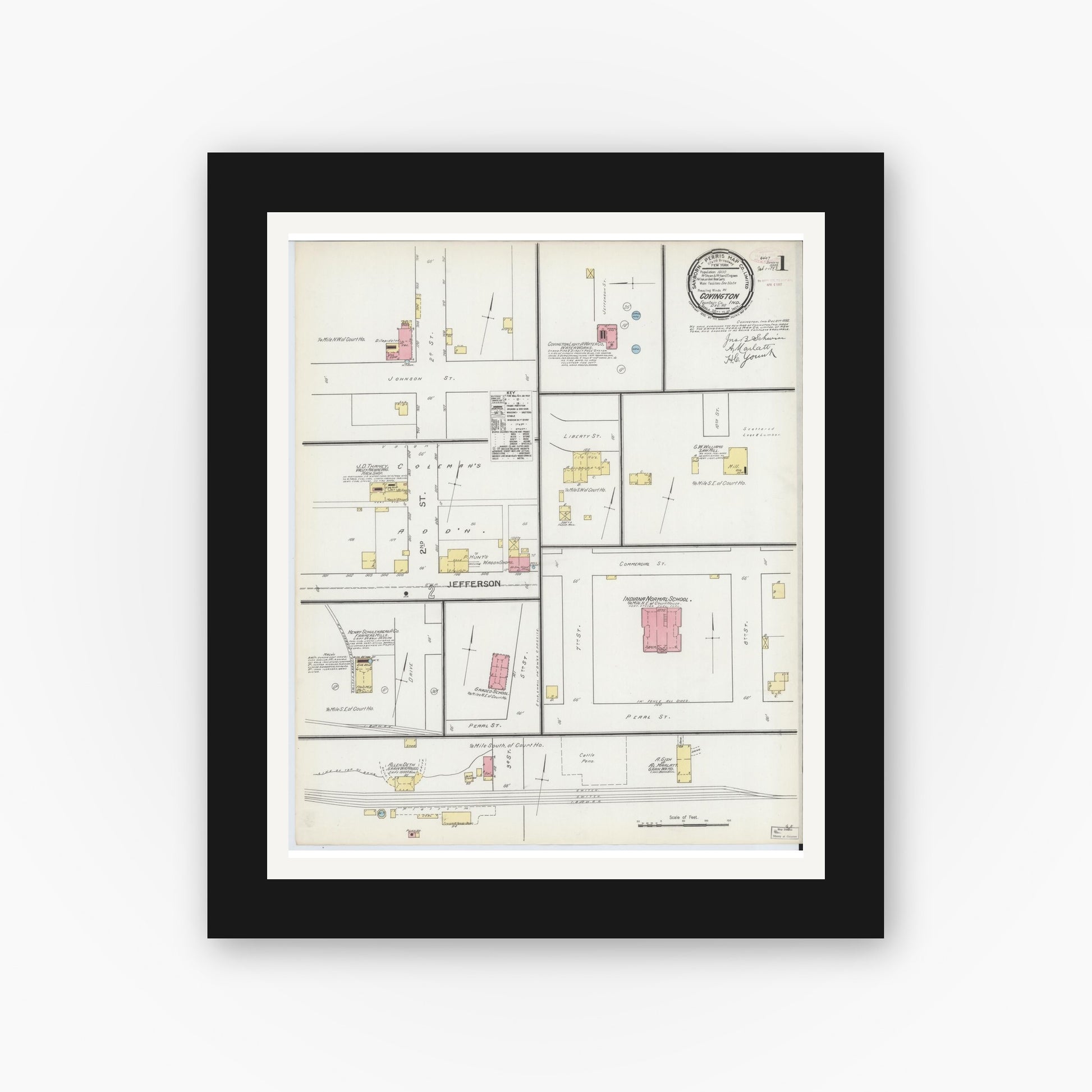 Old map wall art mockup — black gallery frame with white mat — Sanborn Fire Insurance Map from Covington, Fountain County, Indiana (1892) - Complete Map Set