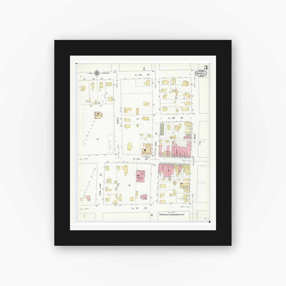 Old map wall art mockup — black gallery frame with white mat — Sanborn Fire Insurance Map from Waseca, Waseca County, Minnesota (1910), Sheet #0003