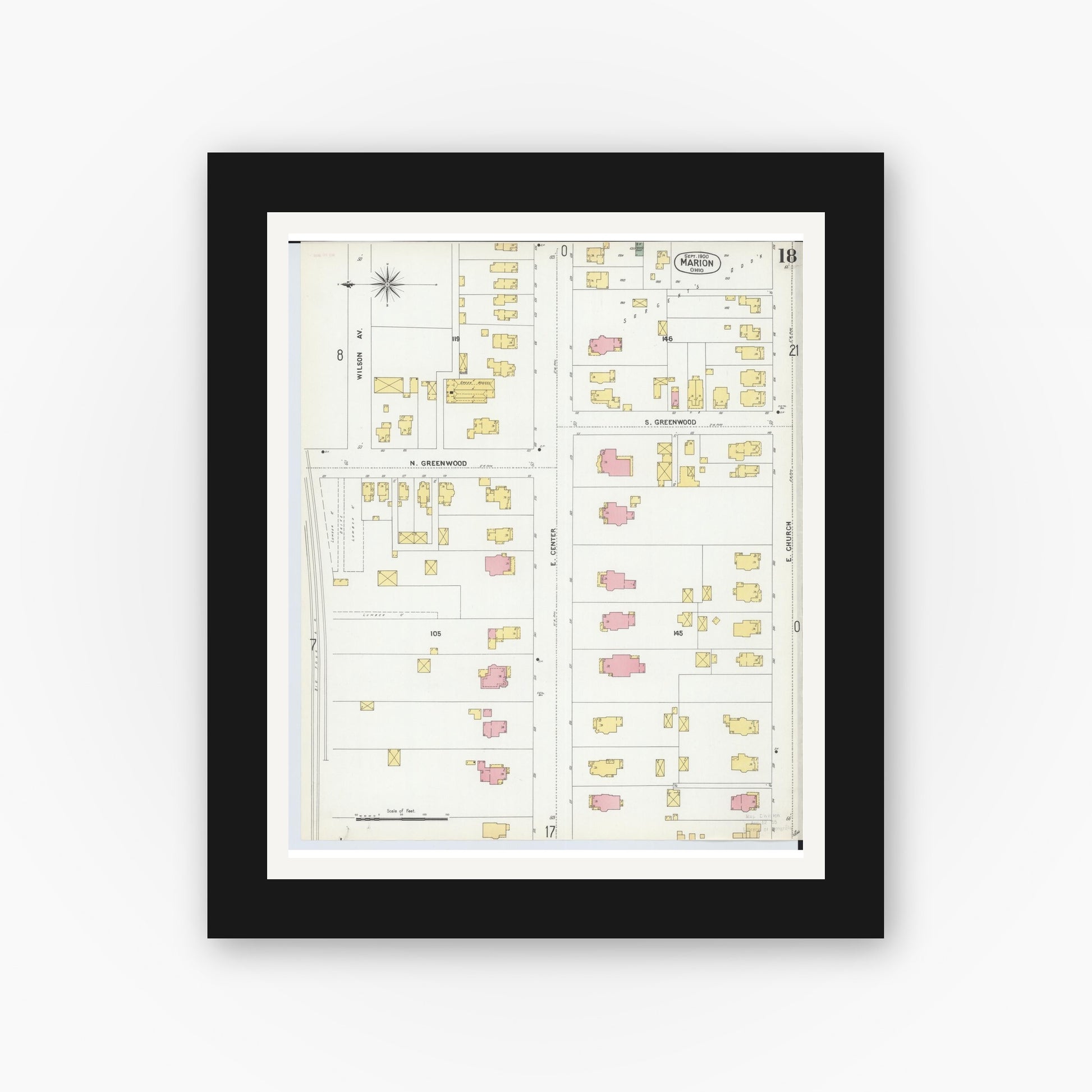 Old map wall art mockup — black gallery frame with white mat — Sanborn Fire Insurance Map from Marion, Marion County, Ohio (1900), Sheet #0018
