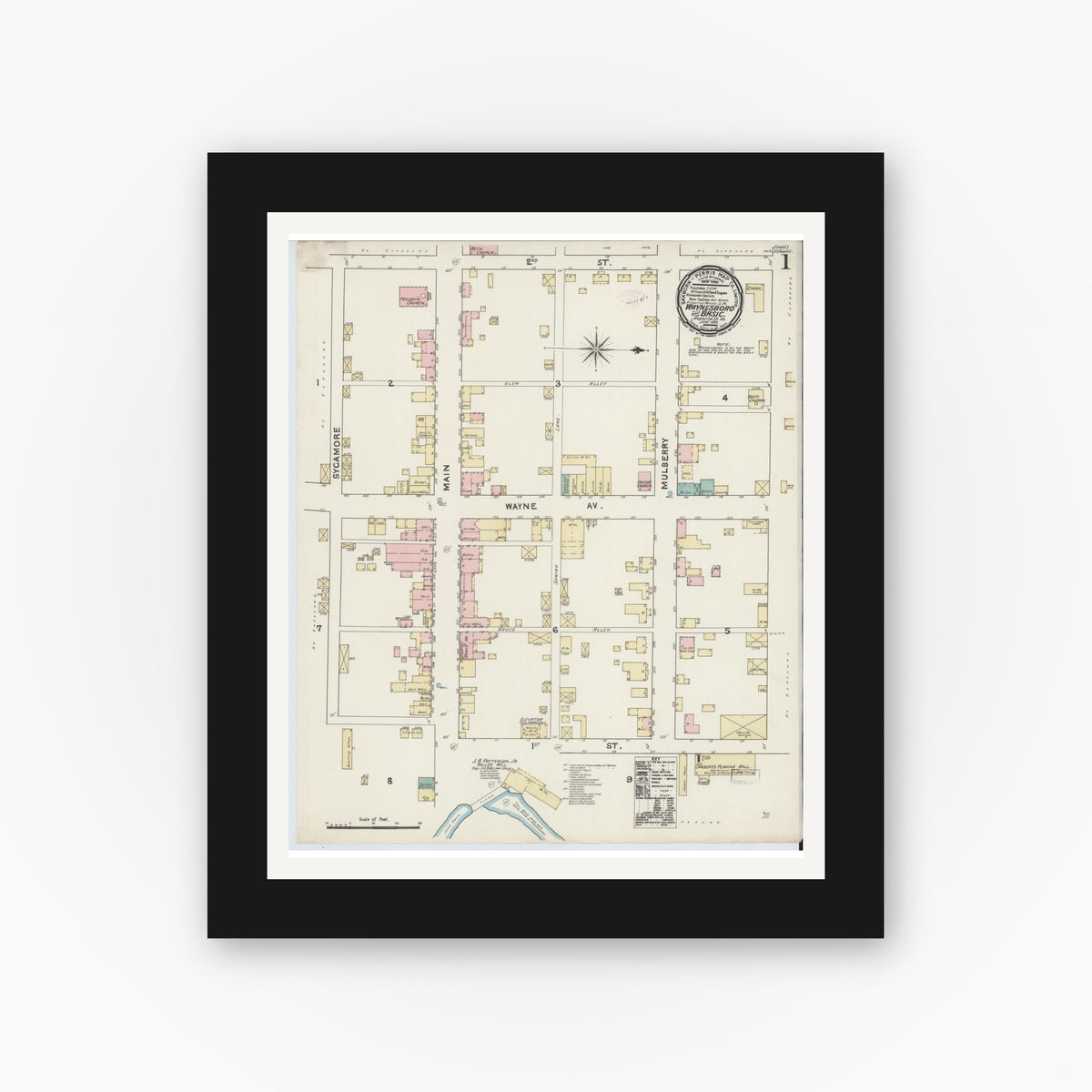Old map wall art mockup — black gallery frame with white mat — Sanborn Fire Insurance Map from Waynesboro, Independent Cities, Virginia (1891) - Complete Map Set