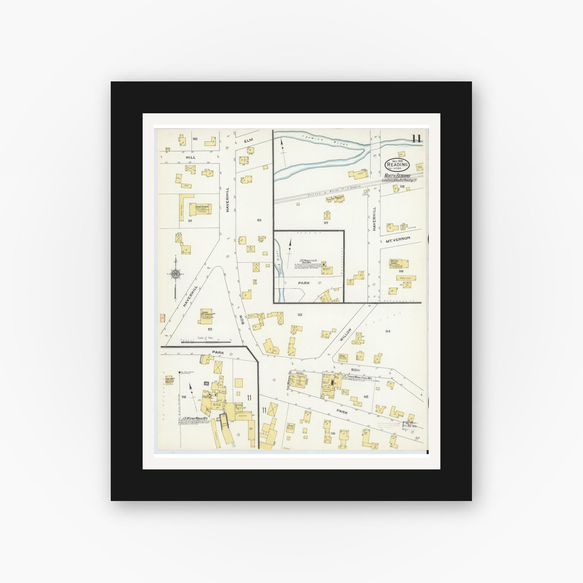 Old map wall art mockup — black gallery frame with white mat — Sanborn Fire Insurance Map from Reading, Middlesex County, Massachusetts (1909), Sheet #0011