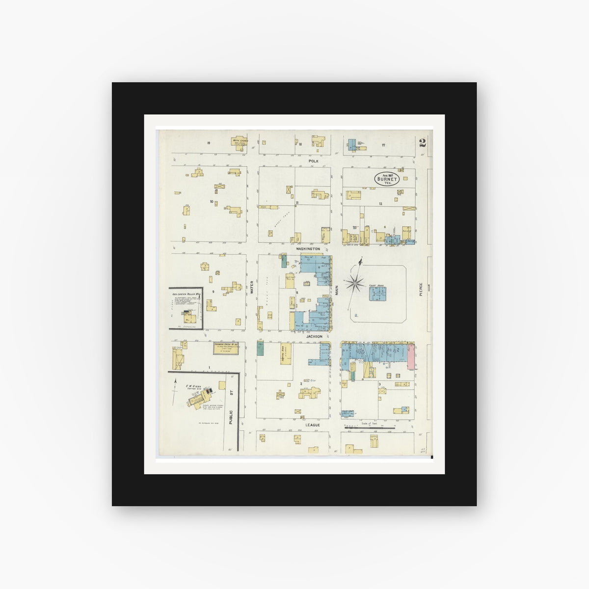 Old map wall art mockup — black gallery frame with white mat — Sanborn Fire Insurance Map from Burnet, Burnet County, Texas (1907), Sheet #0002