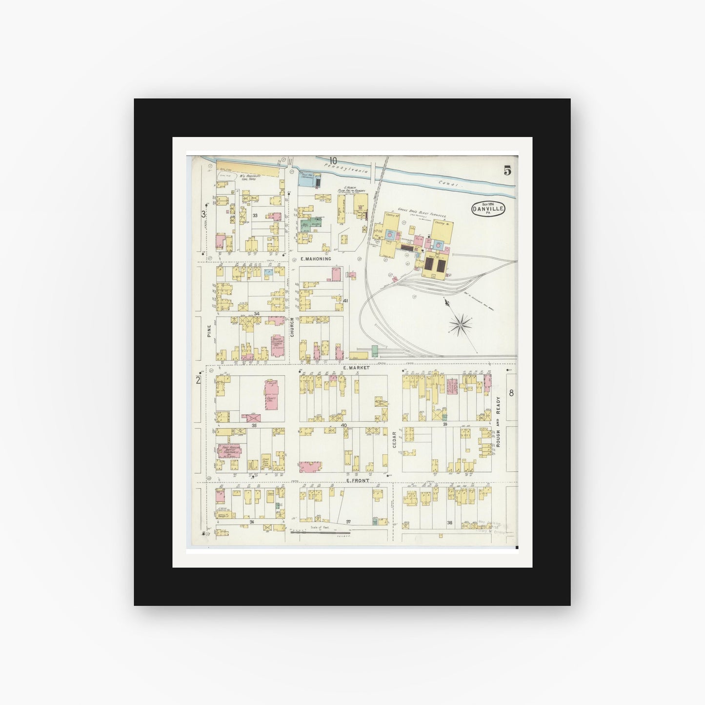 Old map wall art mockup — black gallery frame with white mat — Sanborn Fire Insurance Map from Danville, Montour County, Pennsylvania (1896), Sheet #0005