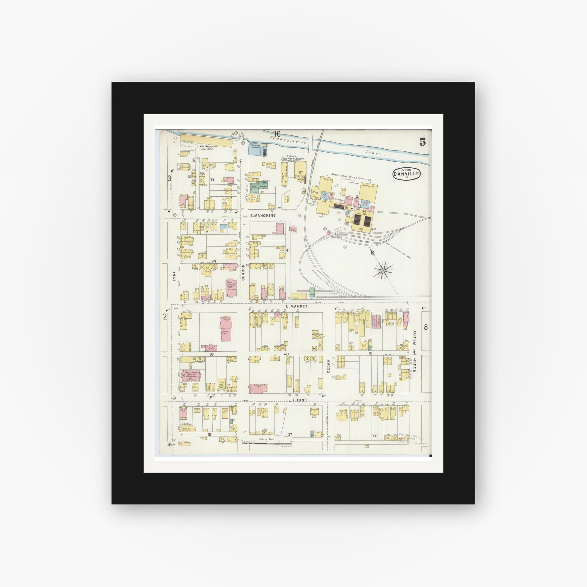 Old map wall art mockup — black gallery frame with white mat — Sanborn Fire Insurance Map from Danville, Montour County, Pennsylvania (1896), Sheet #0005