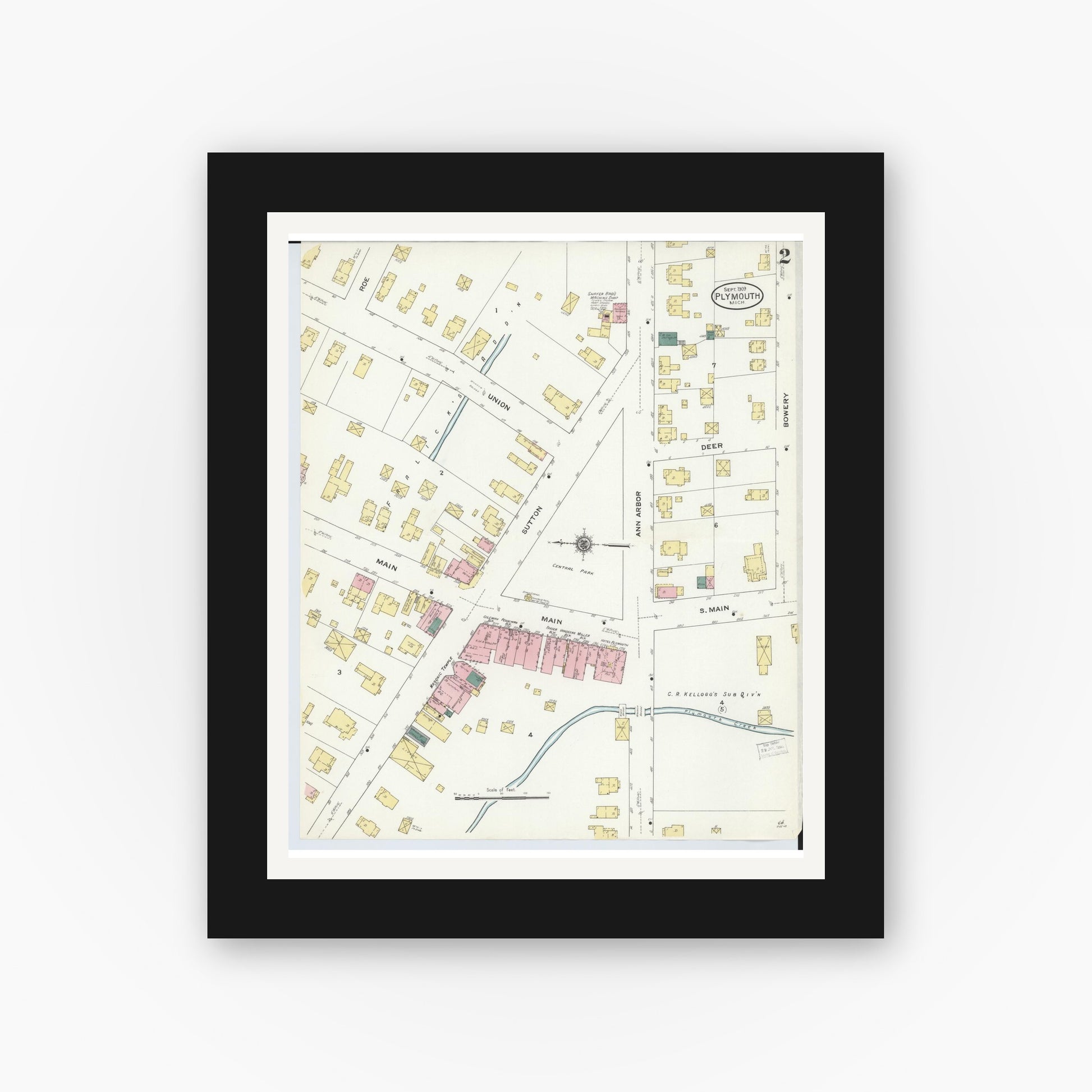 Old map wall art mockup — black gallery frame with white mat — Sanborn Fire Insurance Map from Plymouth, Wayne County, Michigan (1909), Sheet #0002