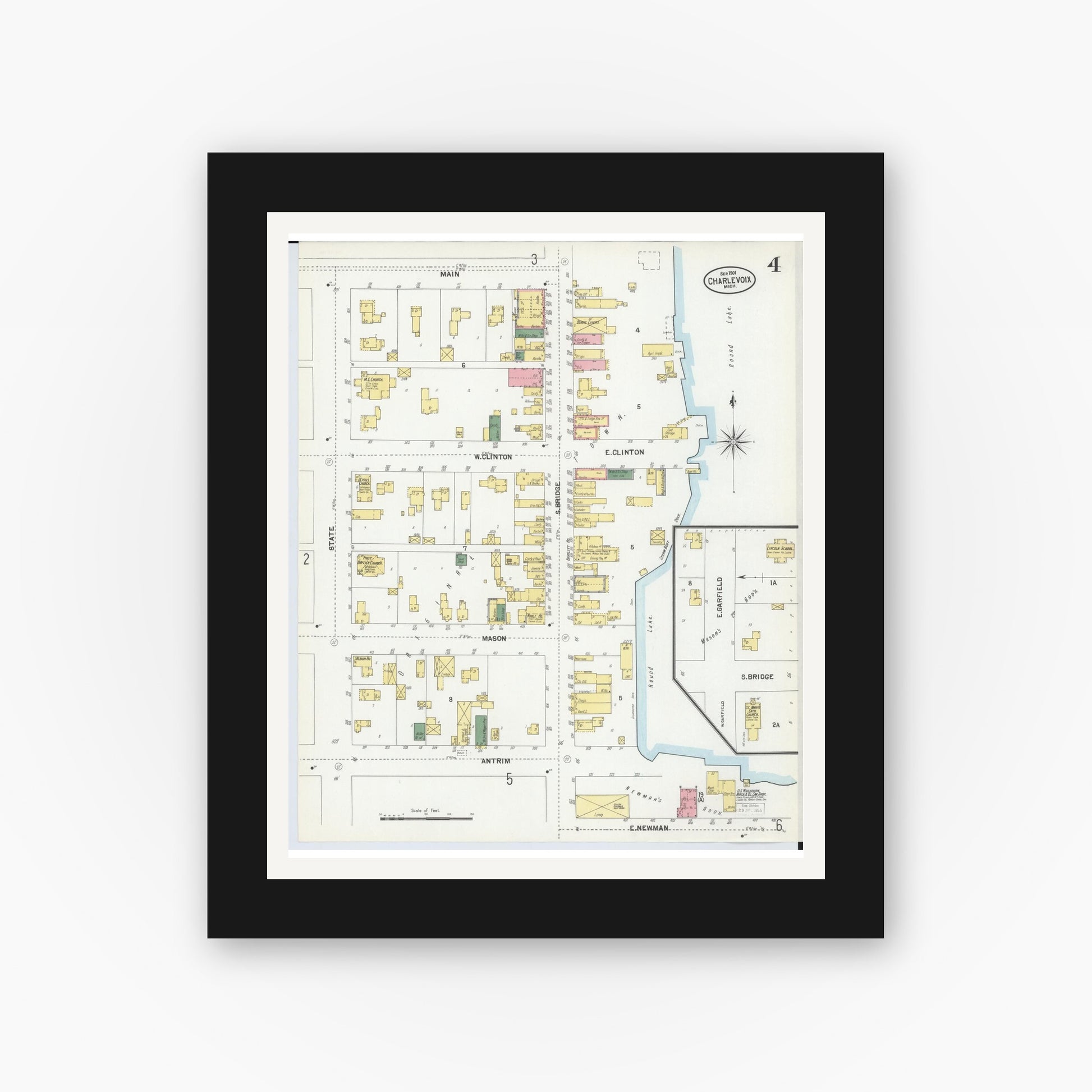Old map wall art mockup — black gallery frame with white mat — Sanborn Fire Insurance Map from Charlevoix, Charlevoix County, Michigan (1901), Sheet #0004