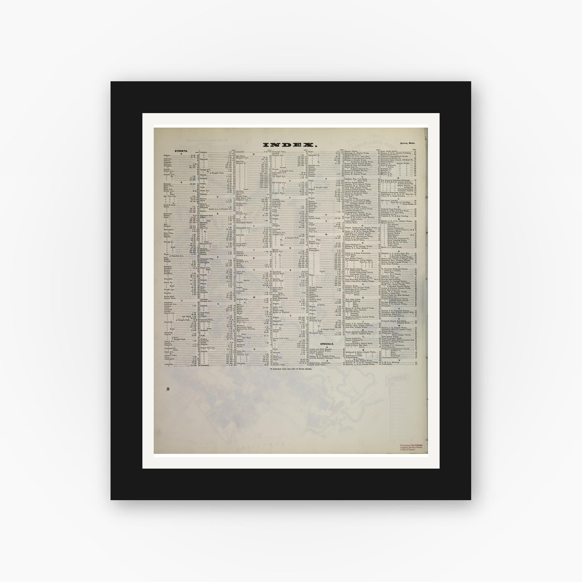 Old map wall art mockup — black gallery frame with white mat — Sanborn Fire Insurance Map from Quincy, Norfolk County, Massachusetts (1906), Sheet #0001