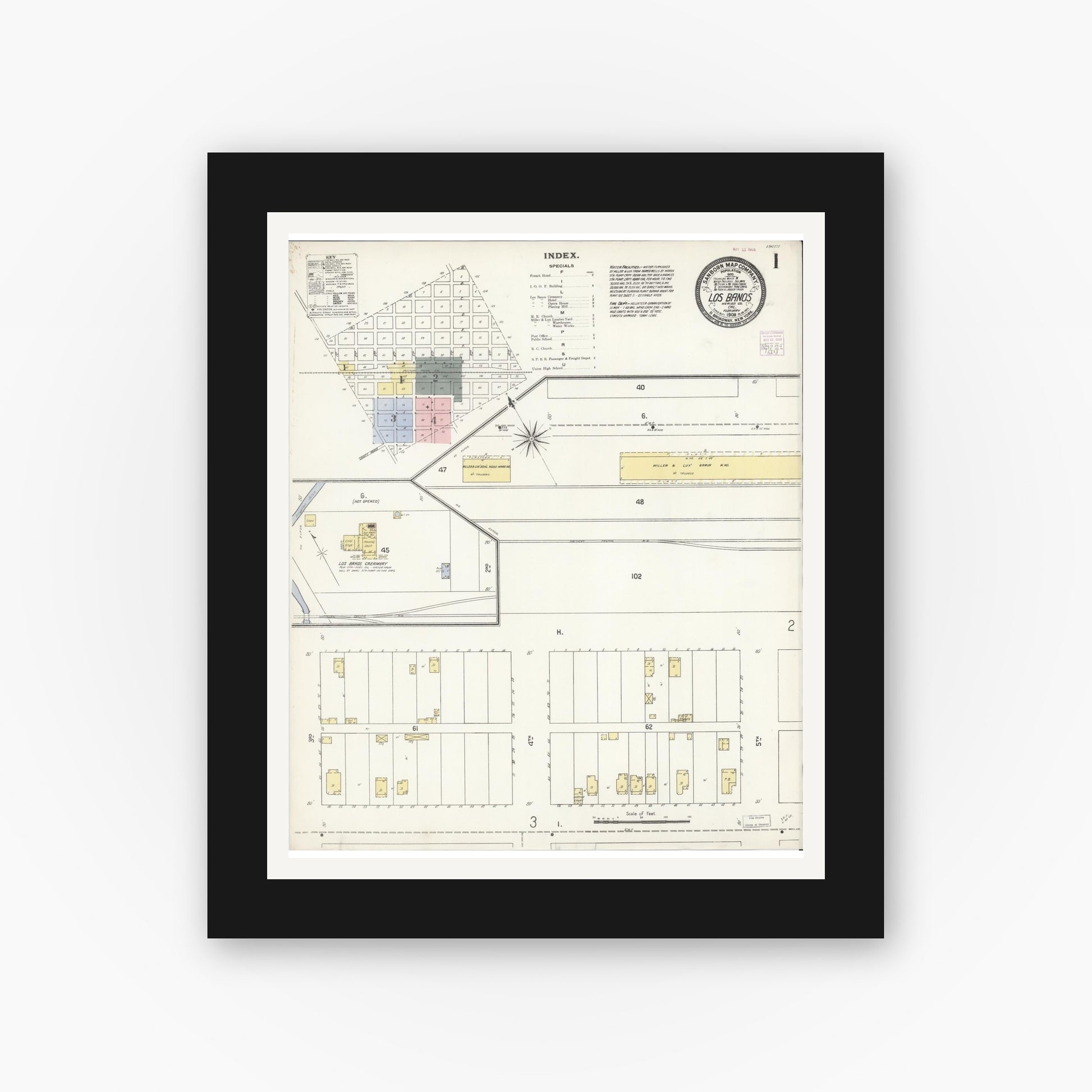 Old map wall art mockup — black gallery frame with white mat — Sanborn Fire Insurance Map from Los Banos, Merced County, California (1908), Sheet #0001