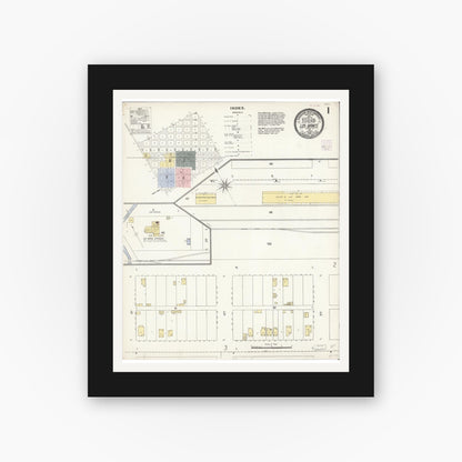 Old map wall art mockup — black gallery frame with white mat — Sanborn Fire Insurance Map from Los Banos, Merced County, California (1908), Sheet #0001