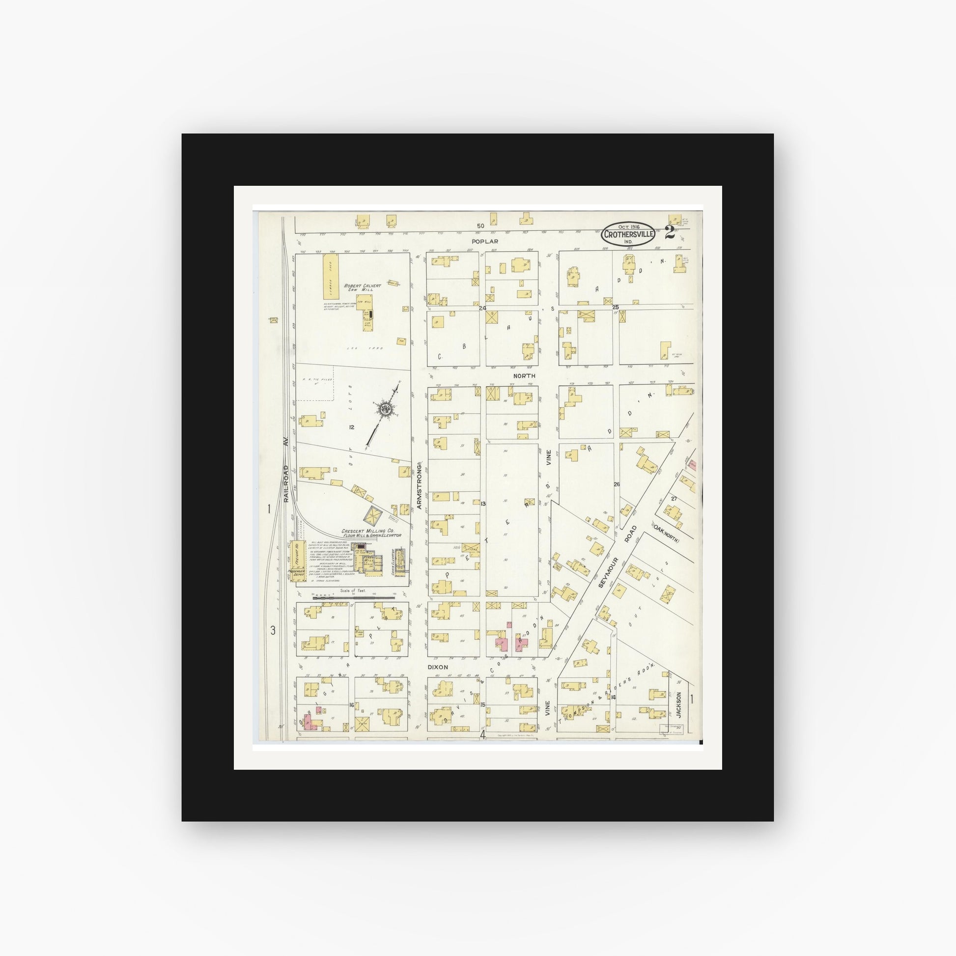 Old map wall art mockup — black gallery frame with white mat — Sanborn Fire Insurance Map from Crothersville, Jackson County, Indiana (1916), Sheet #0002