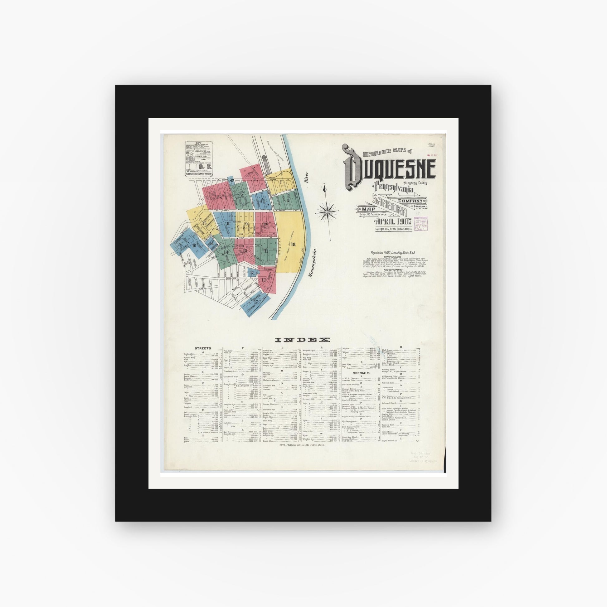Old map wall art mockup — black gallery frame with white mat — Sanborn Fire Insurance Map from Duquesne, Allegheny County, Pennsylvania (1907) - Complete Map Set