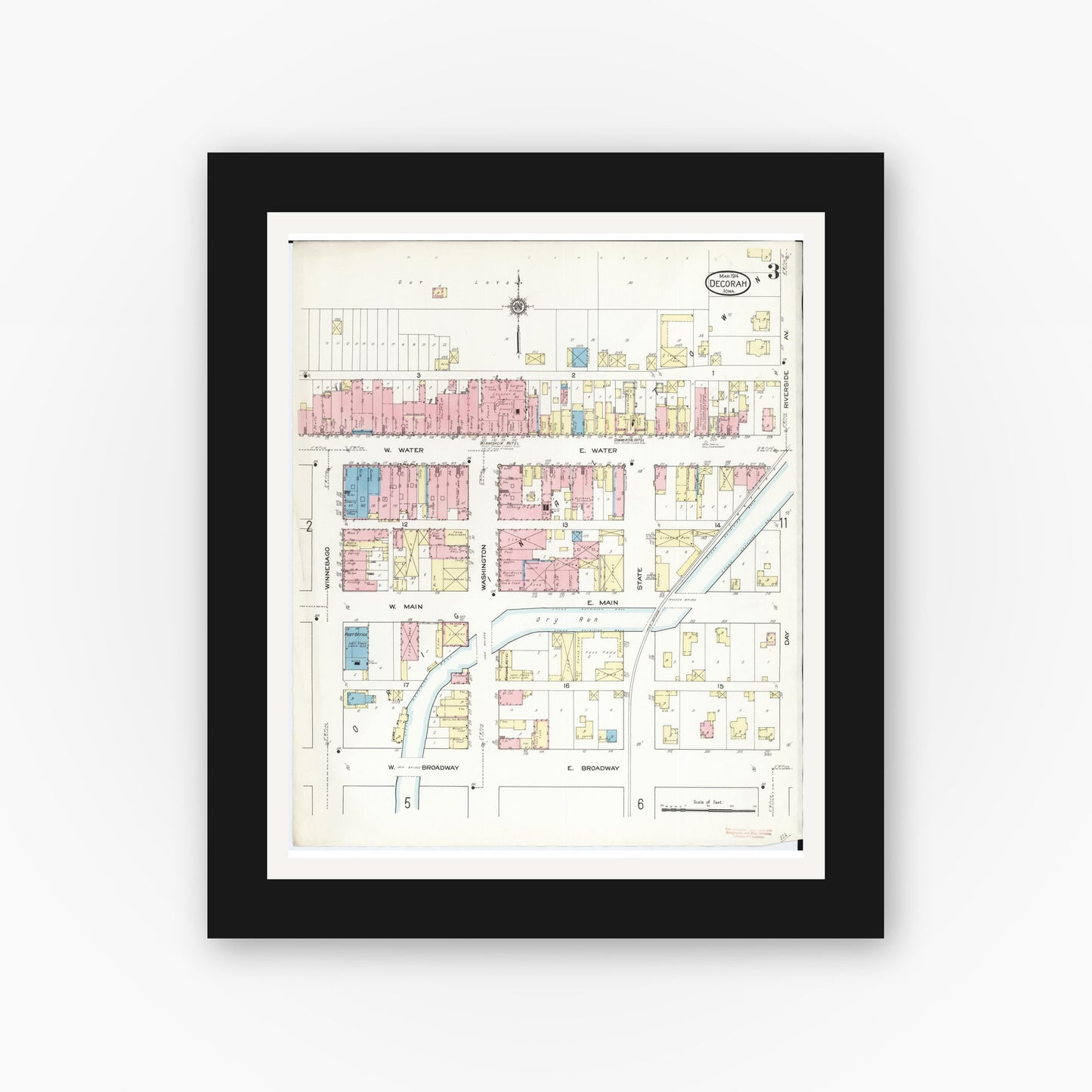 Old map wall art mockup — black gallery frame with white mat — Sanborn Fire Insurance Map from Decorah, Winneshiek County, Iowa (1914), Sheet #0003