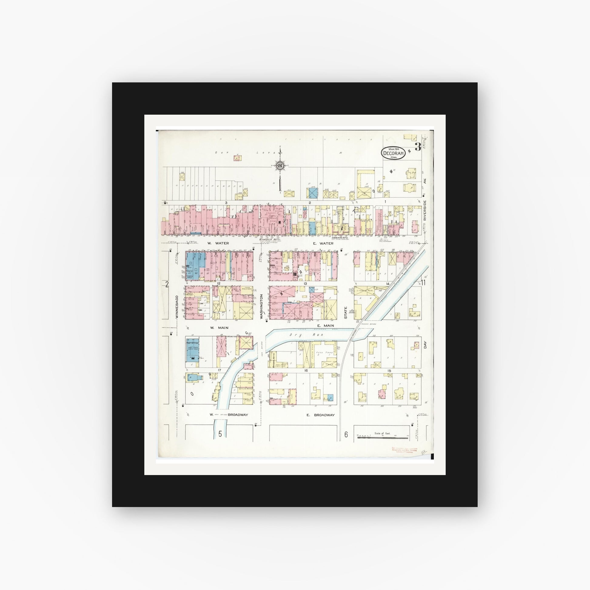 Old map wall art mockup — black gallery frame with white mat — Sanborn Fire Insurance Map from Decorah, Winneshiek County, Iowa (1914), Sheet #0003