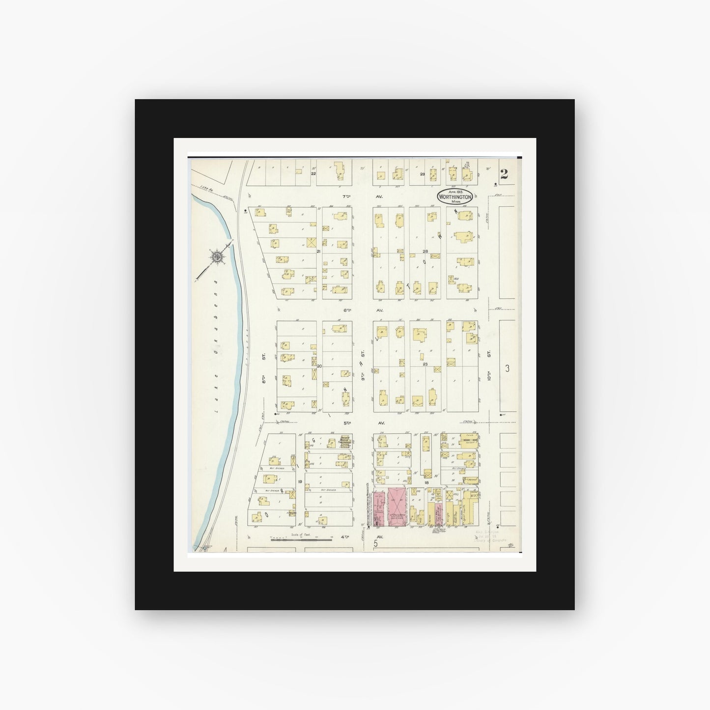 Old map wall art mockup — black gallery frame with white mat — Sanborn Fire Insurance Map from Worthington, Nobles County, Minnesota (1913), Sheet #0002