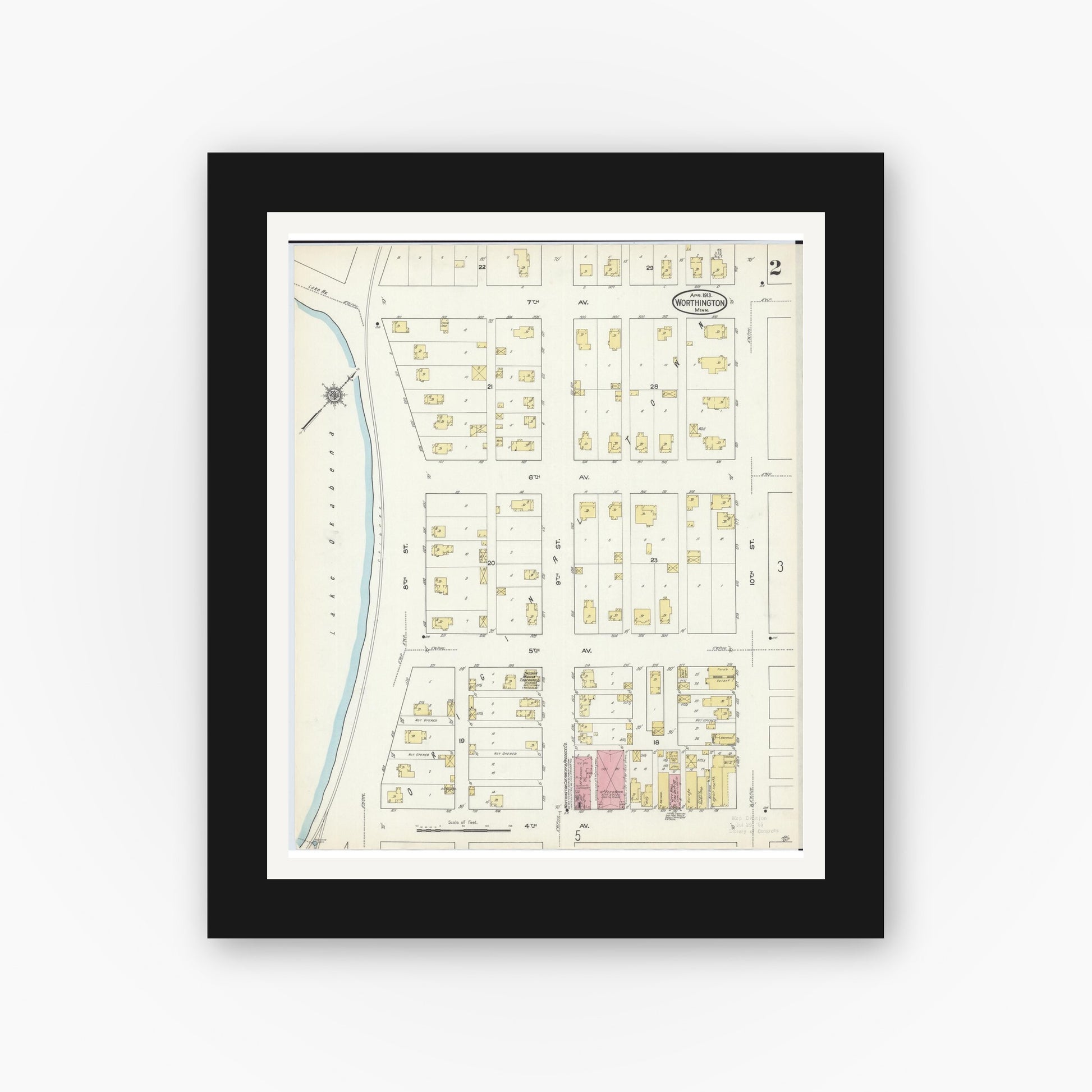 Old map wall art mockup — black gallery frame with white mat — Sanborn Fire Insurance Map from Worthington, Nobles County, Minnesota (1913), Sheet #0002
