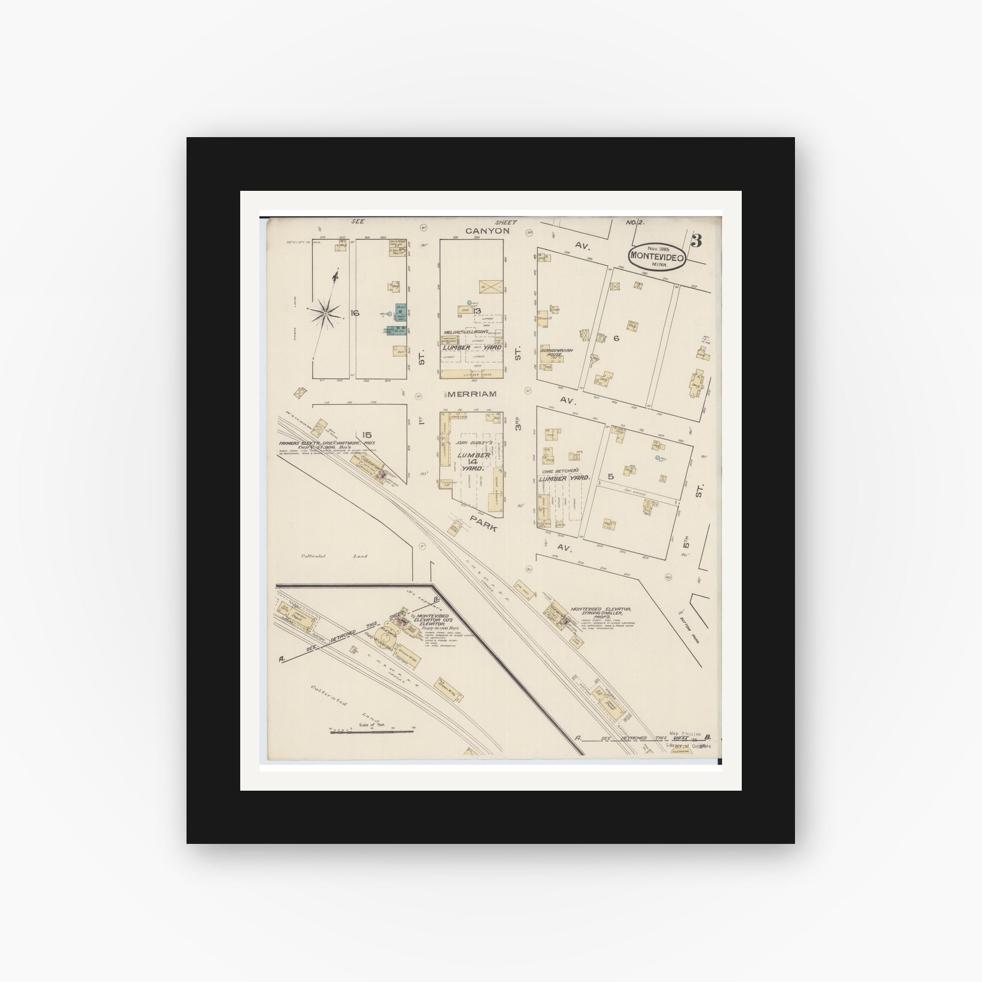 Old map wall art mockup — black gallery frame with white mat — Sanborn Fire Insurance Map from Montevideo, Chippewa County, Minnesota (1885), Sheet #0003