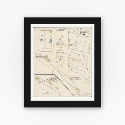 Old map wall art mockup — black gallery frame with white mat — Sanborn Fire Insurance Map from Montevideo, Chippewa County, Minnesota (1885), Sheet #0003