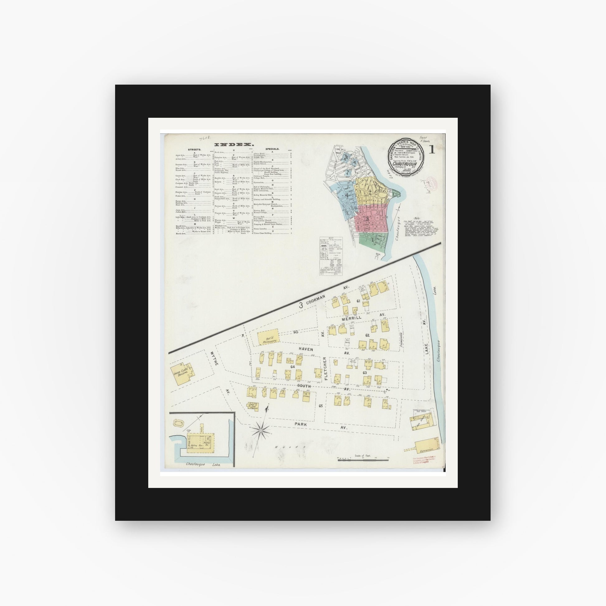 Old map wall art mockup — black gallery frame with white mat — Sanborn Fire Insurance Map from Chautauqua, Chautauqua County, New York (1896), Sheet #0001