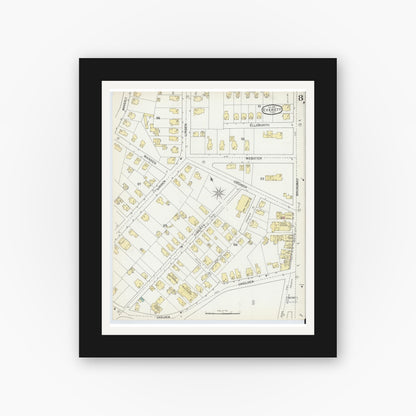 Old map wall art mockup — black gallery frame with white mat — Sanborn Fire Insurance Map from Everett, Middlesex County, Massachusetts (1892), Sheet #0008
