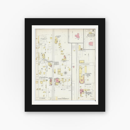 Old map wall art mockup — black gallery frame with white mat — Sanborn Fire Insurance Map from Fairmount, Grant County, Indiana (1893), Sheet #0003