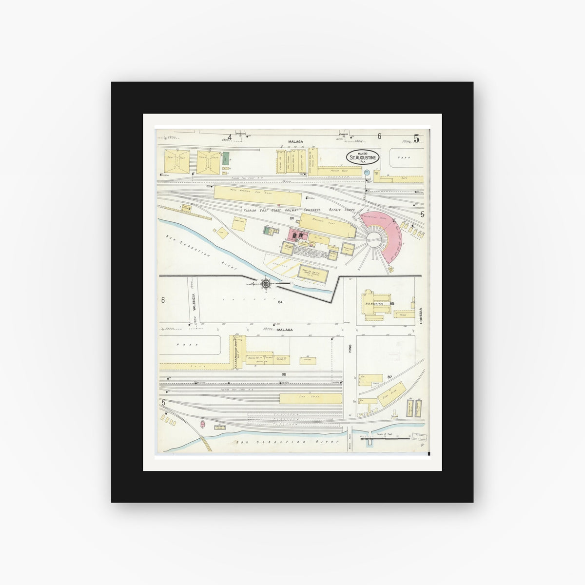 Old map wall art mockup — black gallery frame with white mat — Sanborn Fire Insurance Map from Saint Augustine, Saint John's County, Florida (1910), Sheet #0005