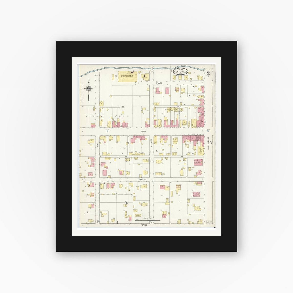 Old map wall art mockup — black gallery frame with white mat — Sanborn Fire Insurance Map from Centerville, Wayne County, Indiana (1913), Sheet #0002