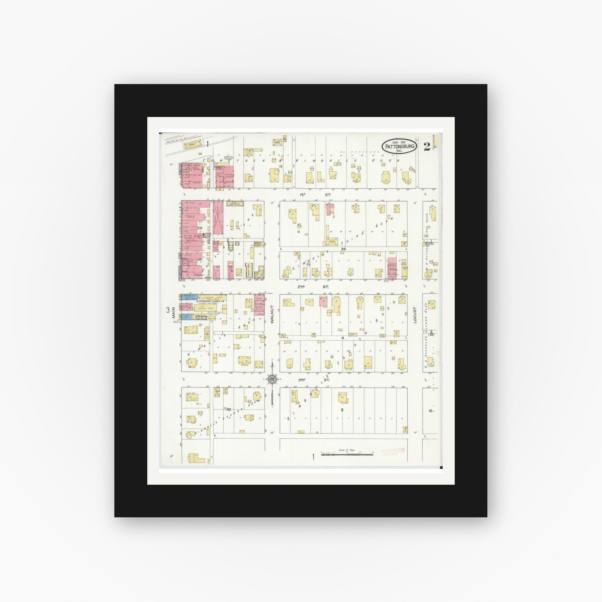Old map wall art mockup — black gallery frame with white mat — Sanborn Fire Insurance Map from Pattonsburg, Daviess County, Missouri (1916), Sheet #0002