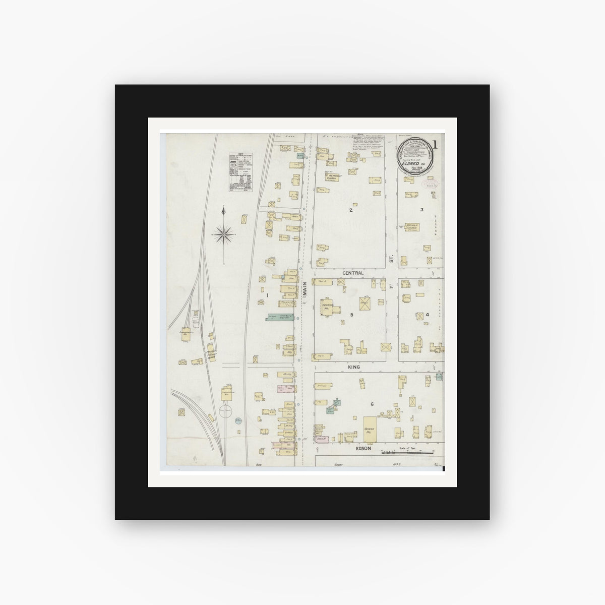 Old map wall art mockup — black gallery frame with white mat — Sanborn Fire Insurance Map from Eldred, McKean County, Pennsylvania (1888) - Complete Map Set