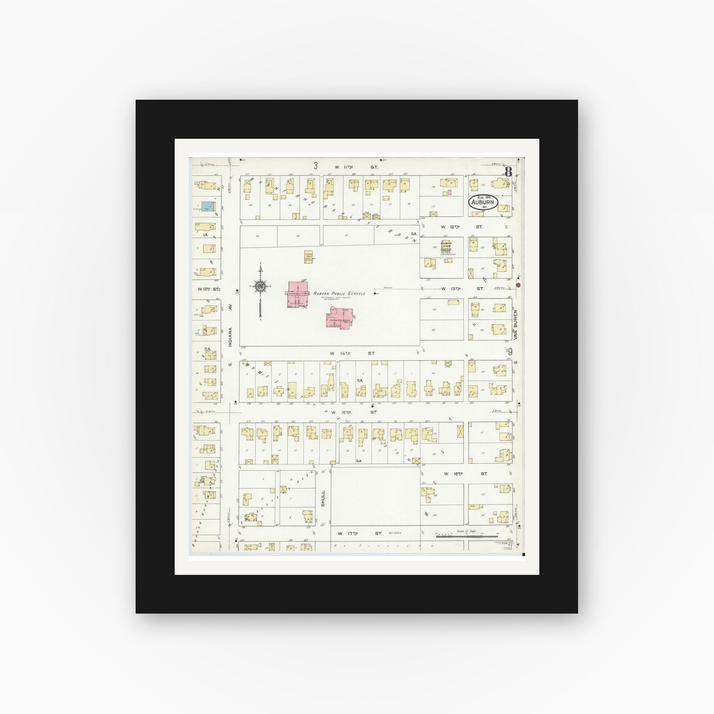 Old map wall art mockup — black gallery frame with white mat — Sanborn Fire Insurance Map from Auburn, De Kalb County, Indiana (1914), Sheet #0008