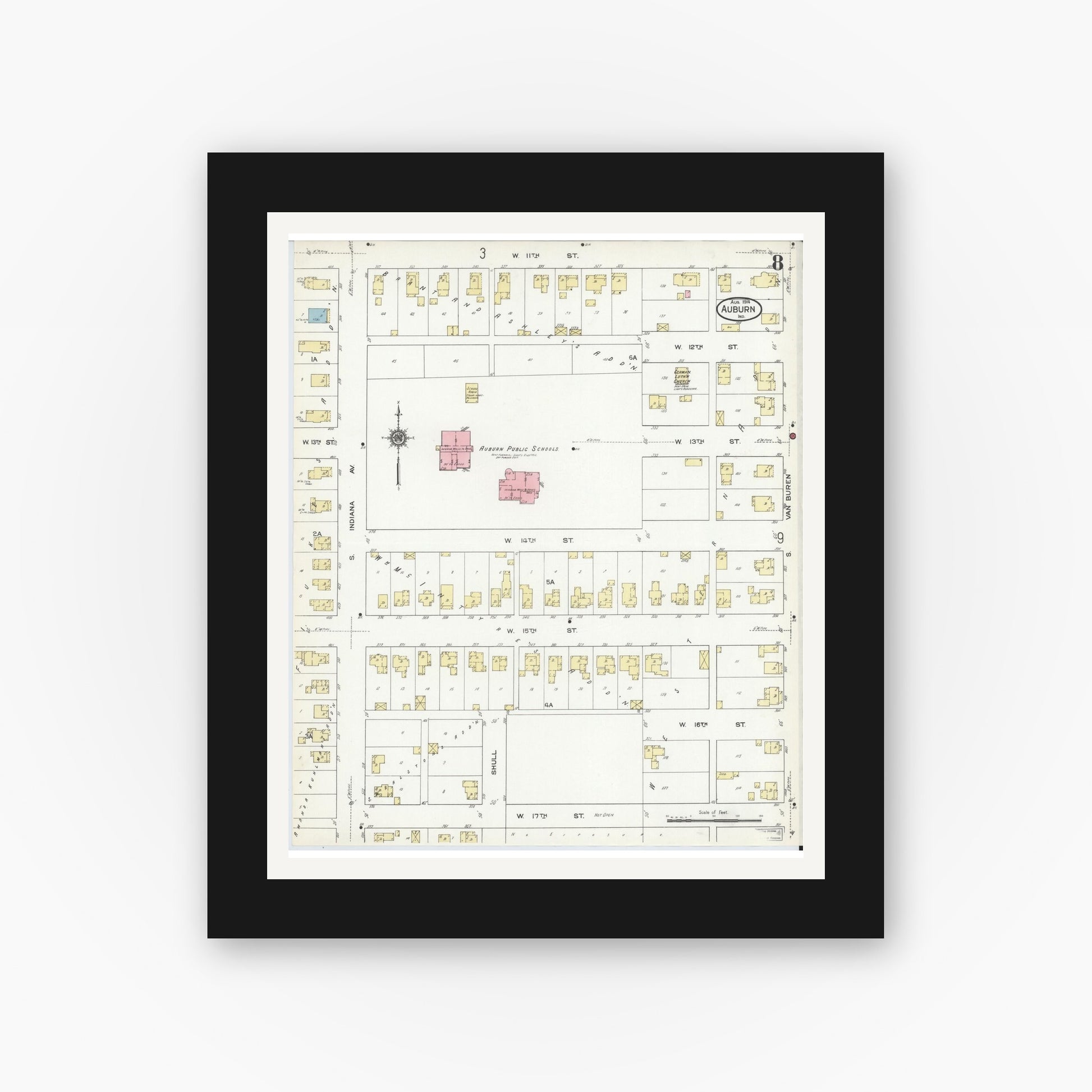 Old map wall art mockup — black gallery frame with white mat — Sanborn Fire Insurance Map from Auburn, De Kalb County, Indiana (1914), Sheet #0008