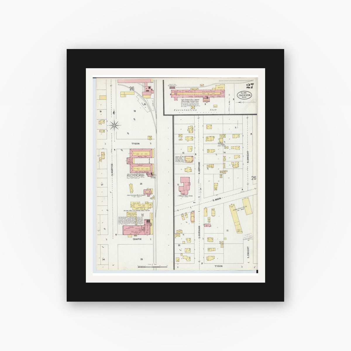 Old map wall art mockup — black gallery frame with white mat — Sanborn Fire Insurance Map from Jackson, Jackson County, Michigan (1899), Sheet #0027