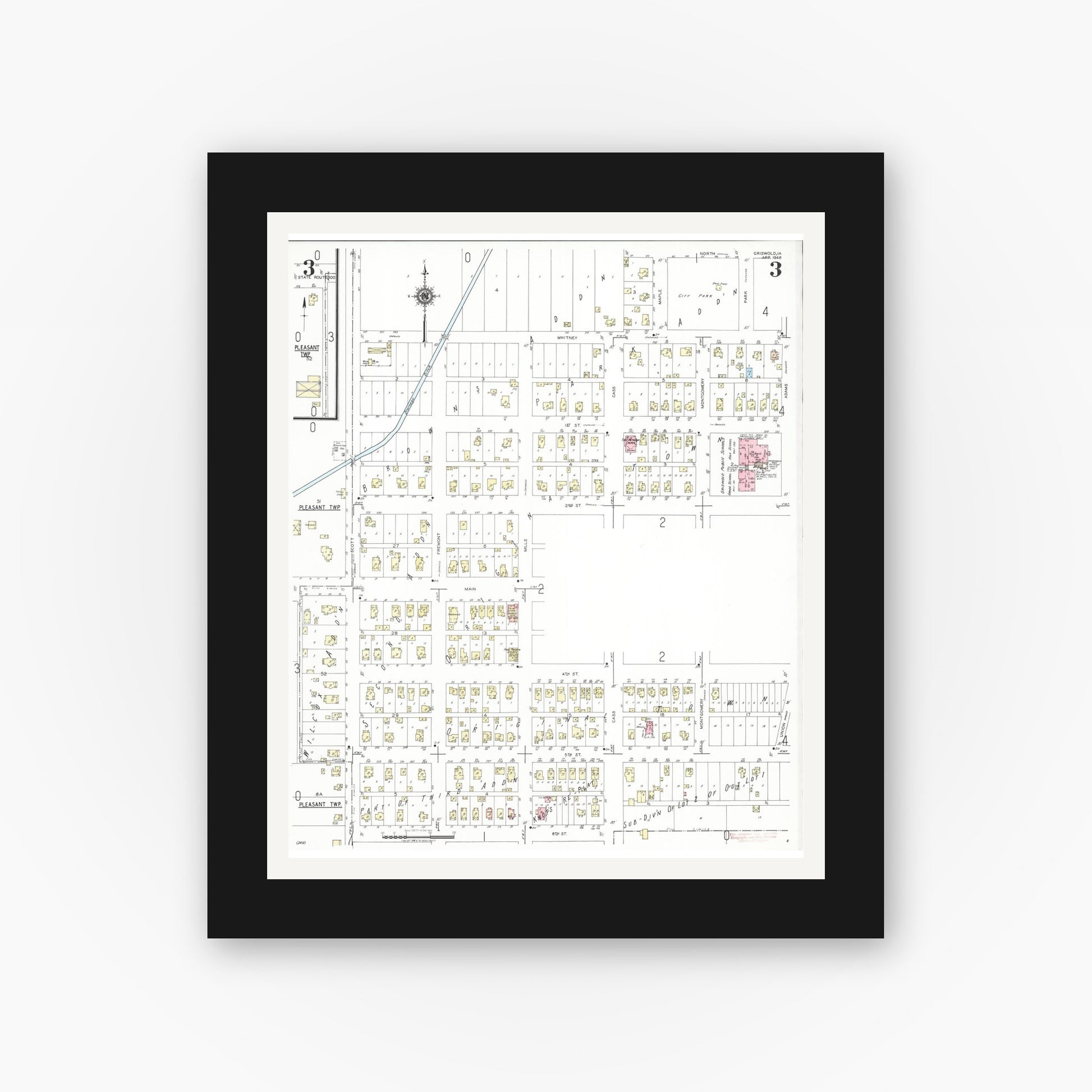 Old map wall art mockup — black gallery frame with white mat — Sanborn Fire Insurance Map from Griswold, Cass County, Iowa (1948), Sheet #0003