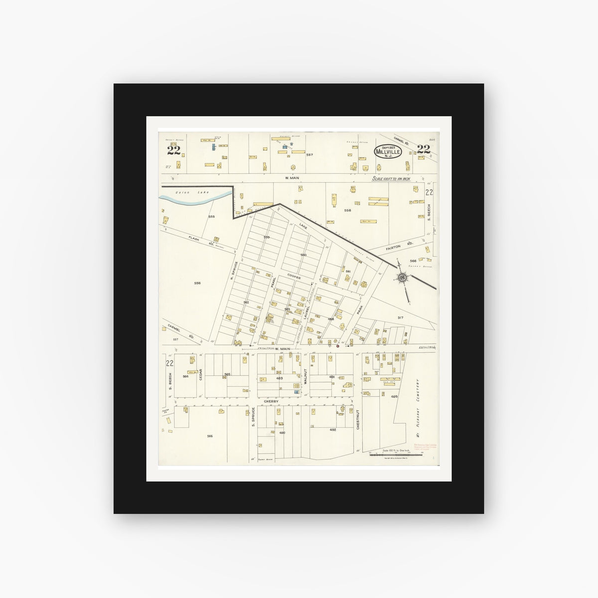 Old map wall art mockup — black gallery frame with white mat — Sanborn Fire Insurance Map from Millville, Cumberland County, New Jersey (1923), Sheet #0022