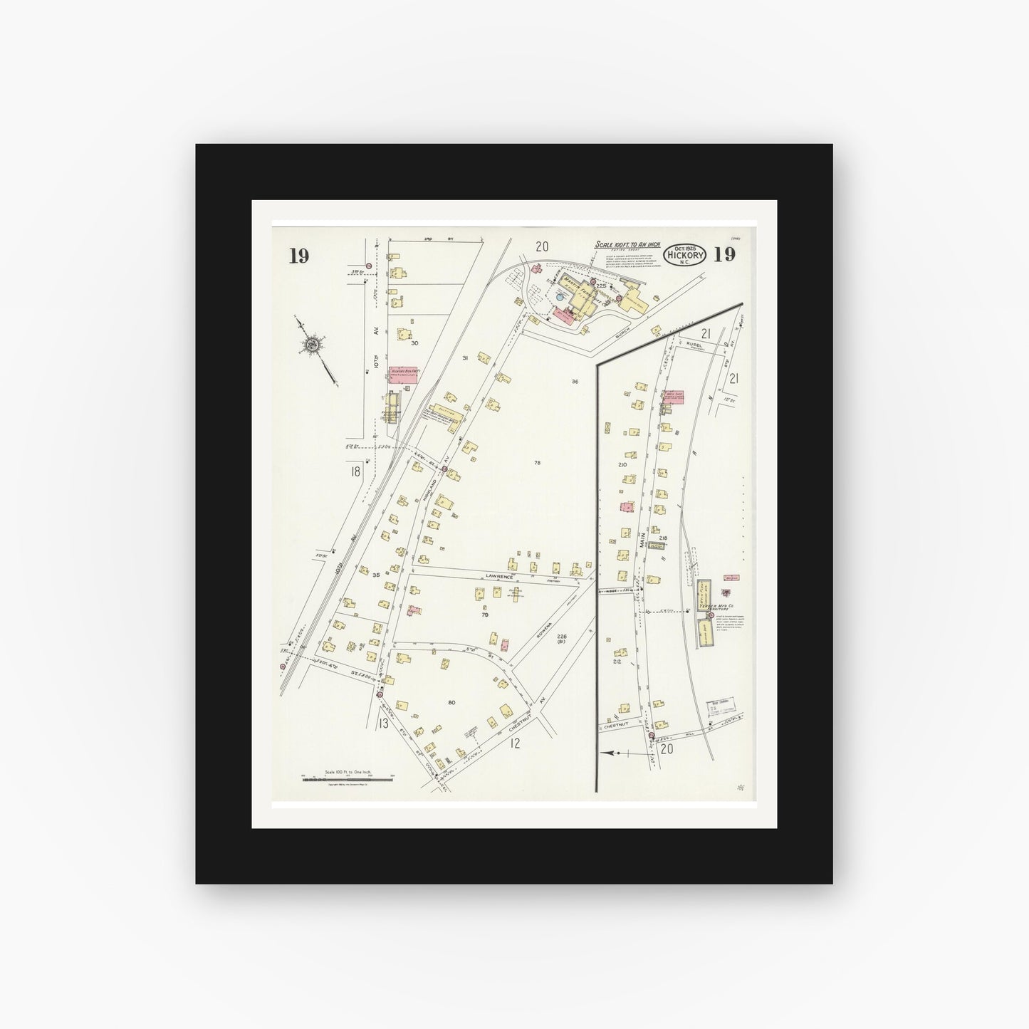 Old map wall art mockup — black gallery frame with white mat — Sanborn Fire Insurance Map from Hickory, Catawba County, North Carolina (1925), Sheet #0019