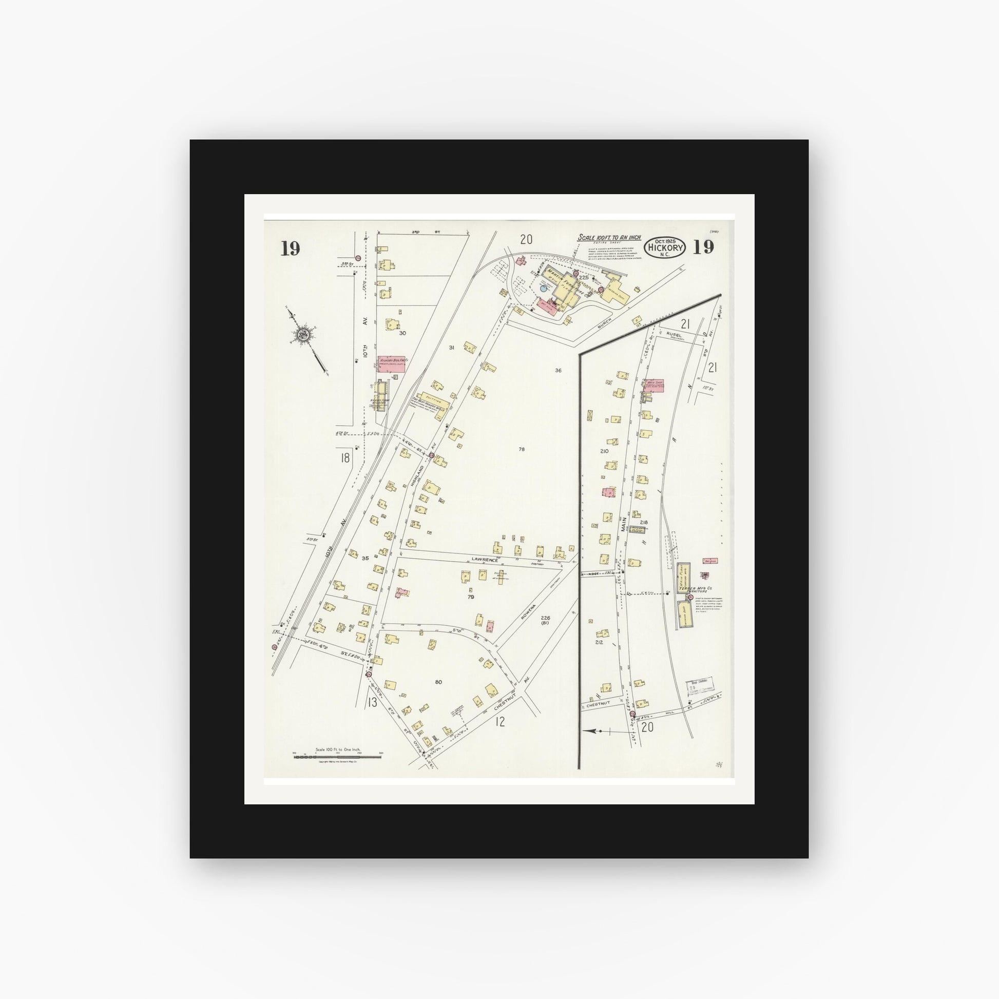 Old map wall art mockup — black gallery frame with white mat — Sanborn Fire Insurance Map from Hickory, Catawba County, North Carolina (1925), Sheet #0019