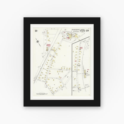 Old map wall art mockup — black gallery frame with white mat — Sanborn Fire Insurance Map from Hickory, Catawba County, North Carolina (1925), Sheet #0019
