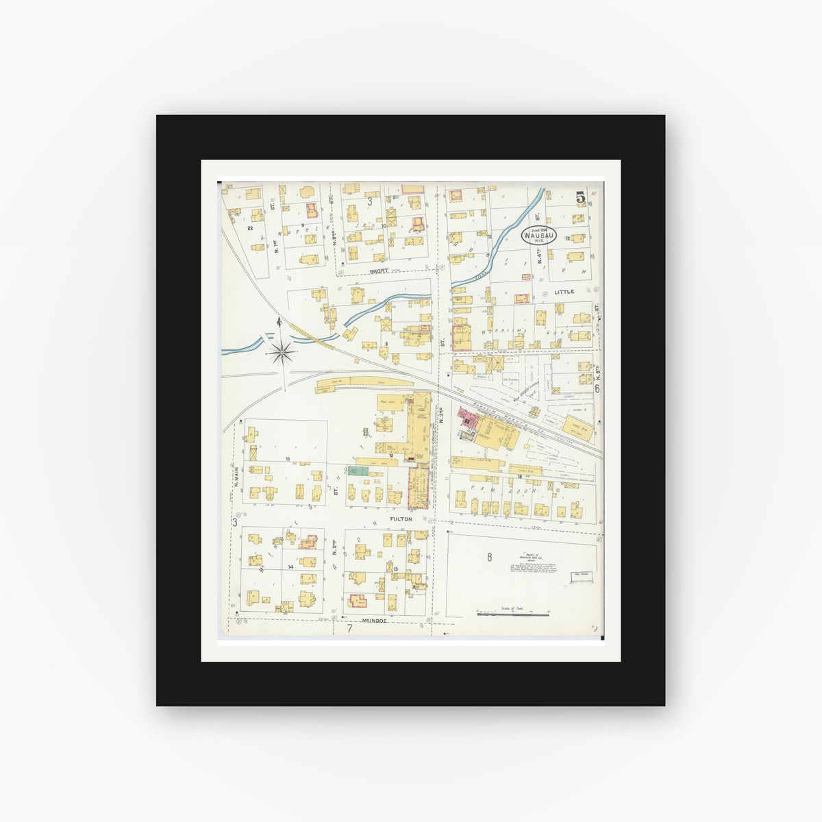 Old map wall art mockup — black gallery frame with white mat — Sanborn Fire Insurance Map from Wausau, Marathon County, Wisconsin (1904), Sheet #0005