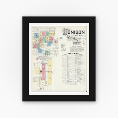 Old map wall art mockup — black gallery frame with white mat — Sanborn Fire Insurance Map from Denison, Grayson County, Texas (1897) - Complete Map Set