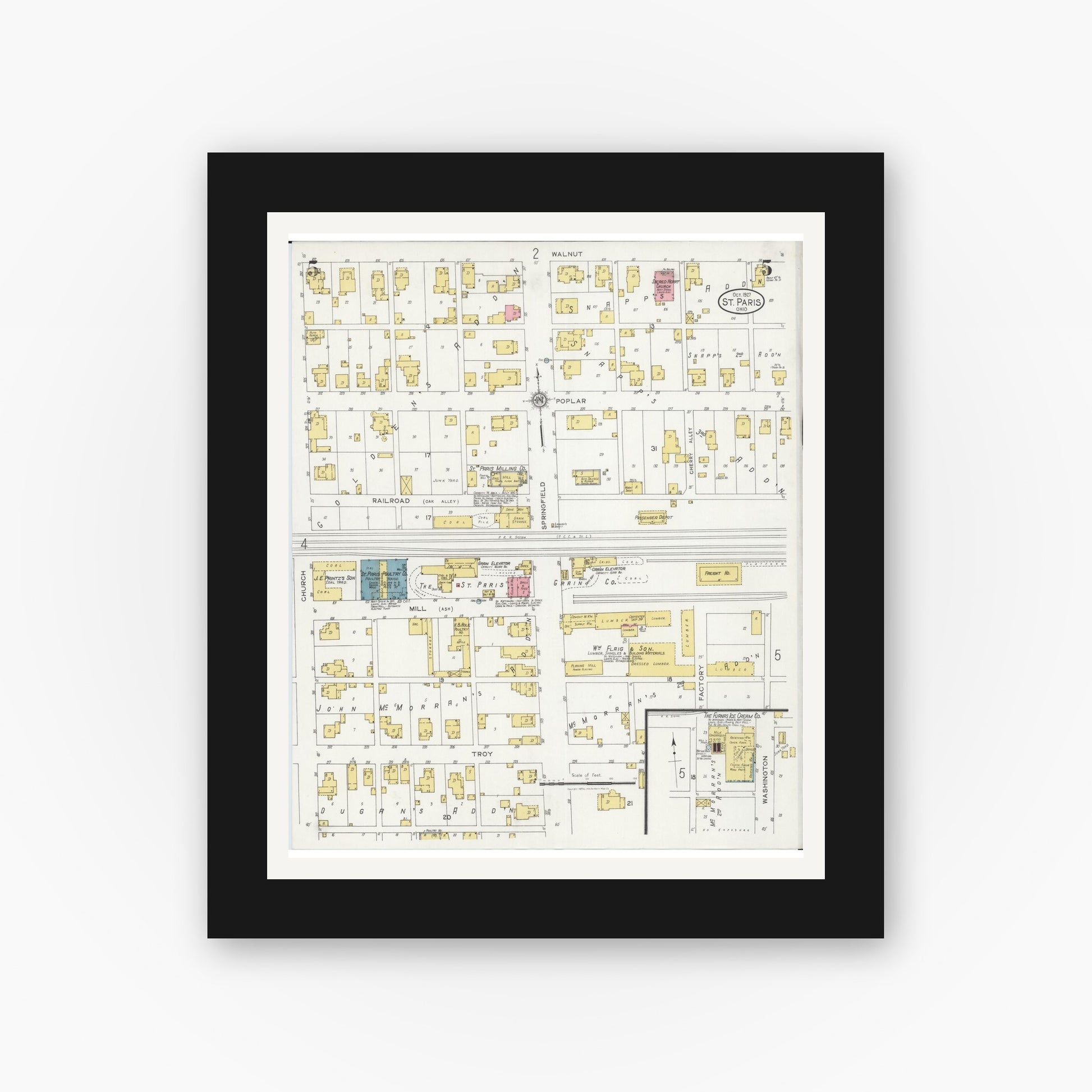 Old map wall art mockup — black gallery frame with white mat — Sanborn Fire Insurance Map from Saint Paris, Champaign County, Ohio (1927), Sheet #0005