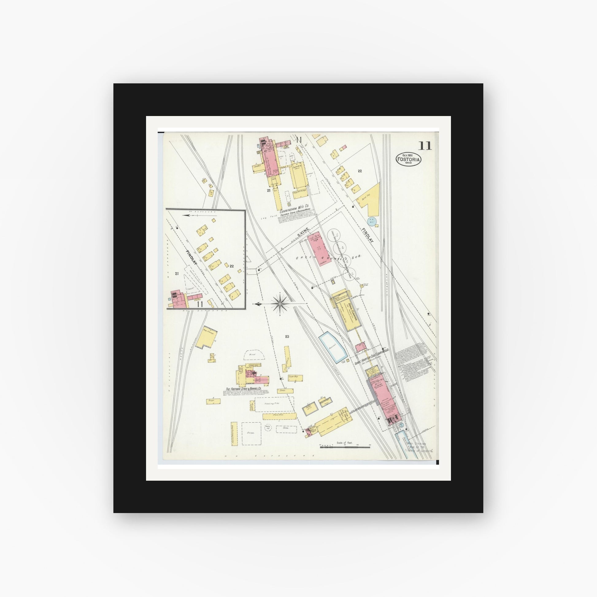 Old map wall art mockup — black gallery frame with white mat — Sanborn Fire Insurance Map from Fostoria, Seneca, Hancock, And Wood Counties, Ohio (1901), Sheet #0011