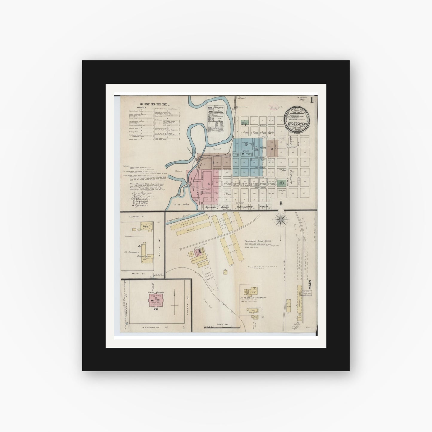 Old map wall art mockup — black gallery frame with white mat — Sanborn Fire Insurance Map from Mount Pleasant, Isabella County, Michigan (1890) - Complete Map Set
