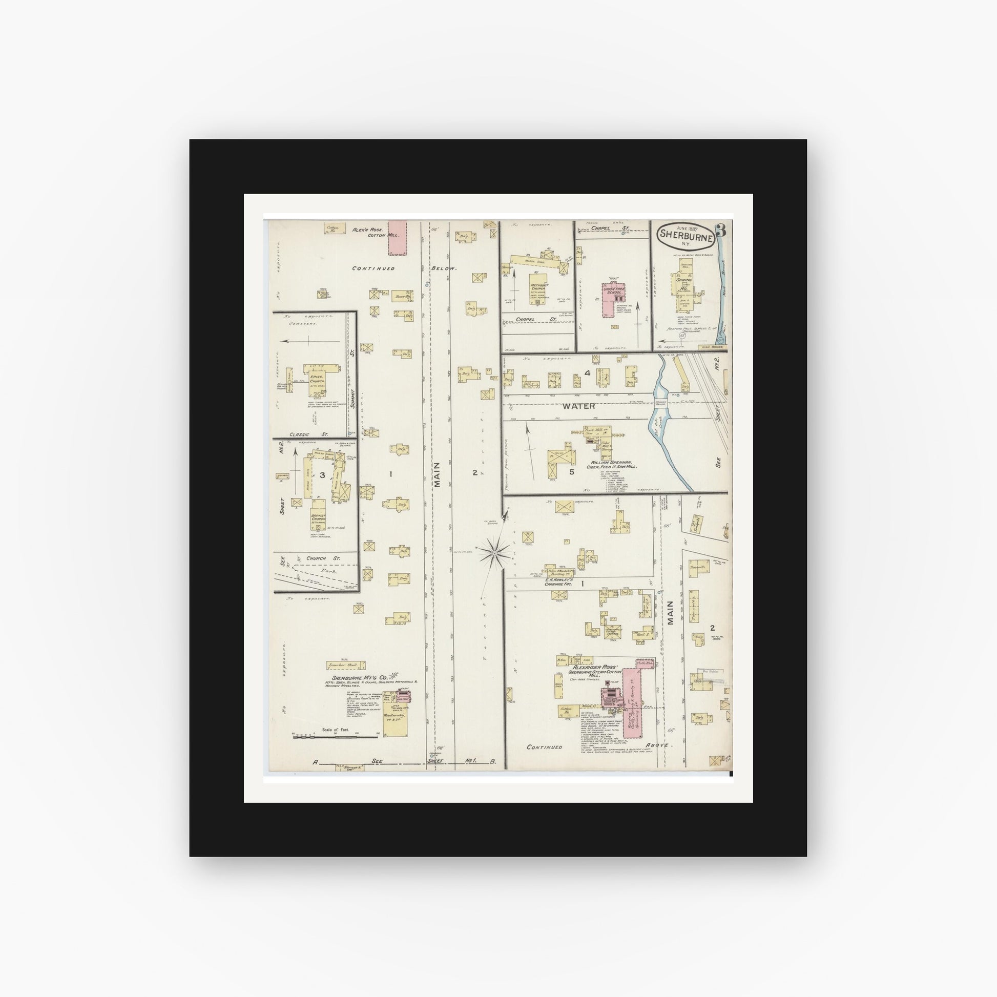 Old map wall art mockup — black gallery frame with white mat — Sanborn Fire Insurance Map from Sherburne, Chenango County, New York (1887), Sheet #0003