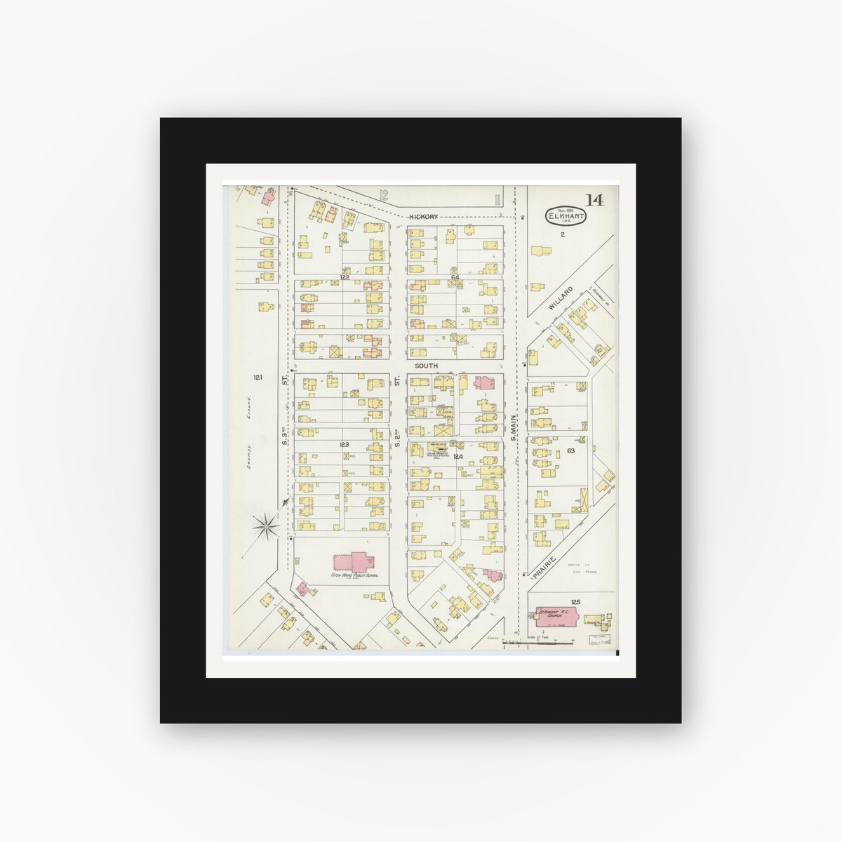 Old map wall art mockup — black gallery frame with white mat — Sanborn Fire Insurance Map from Elkhart, Elkhart County, Indiana (1892), Sheet #0014