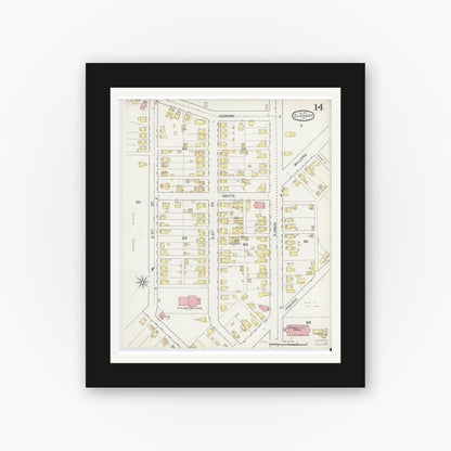 Old map wall art mockup — black gallery frame with white mat — Sanborn Fire Insurance Map from Elkhart, Elkhart County, Indiana (1892), Sheet #0014