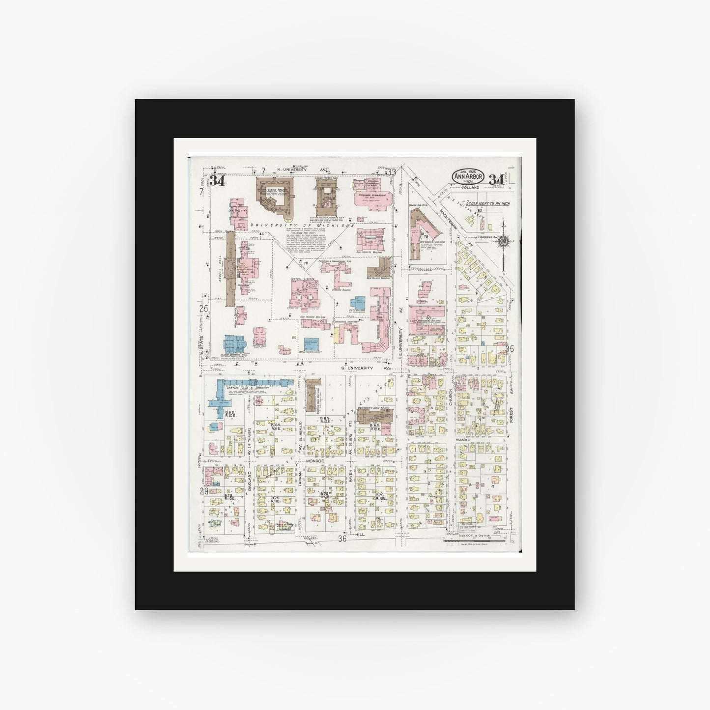 Old map wall art mockup — black gallery frame with white mat — Sanborn Fire Insurance Map from Ann Arbor, Washtenaw County, Michigan (1925), Sheet #0034