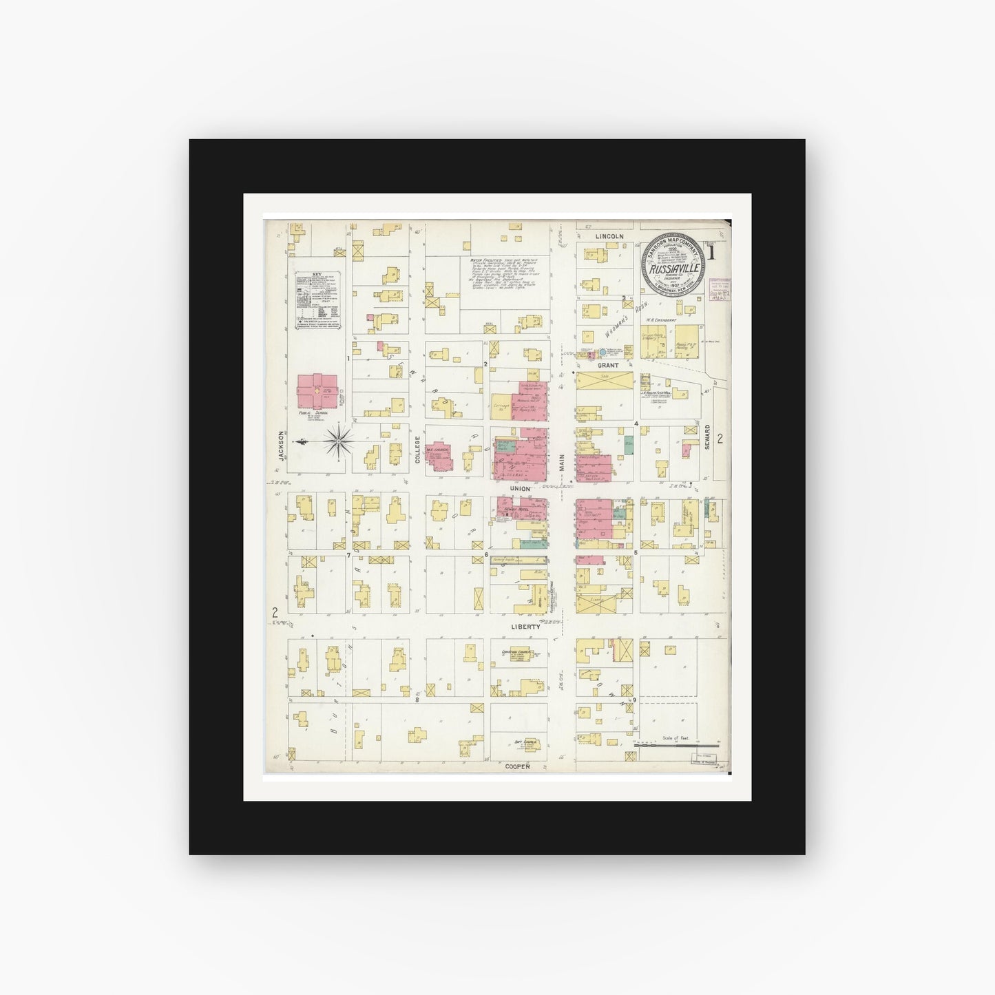Old map wall art mockup — black gallery frame with white mat — Sanborn Fire Insurance Map from Russiaville, Howard County, Indiana (1907) - Complete Map Set
