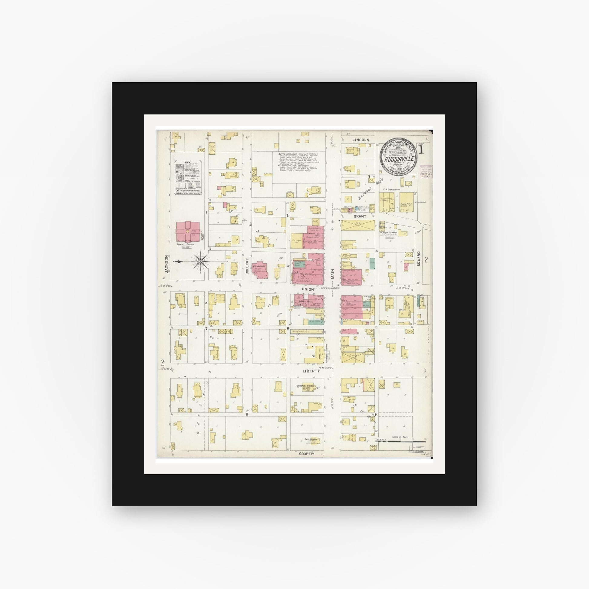 Old map wall art mockup — black gallery frame with white mat — Sanborn Fire Insurance Map from Russiaville, Howard County, Indiana (1907) - Complete Map Set